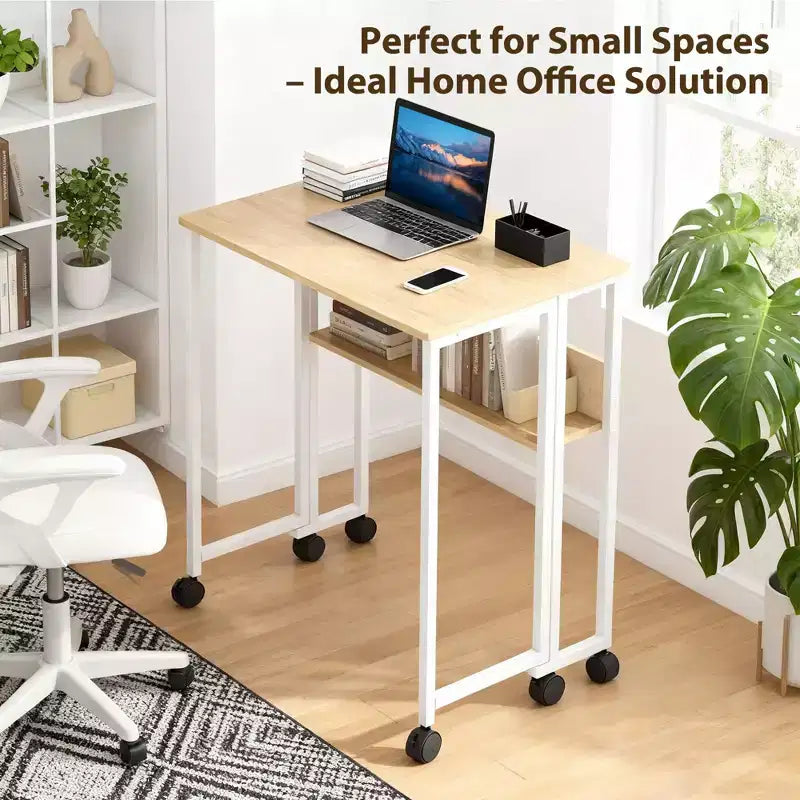 Mesa Plegable Pequeña con Ruedas y Estante de Almacenamiento, Escritorio de Computadora Plegable con Ruedas, Escritorio de Oficina Portátil para Espacios Pequeños, Mesa de Sofá
