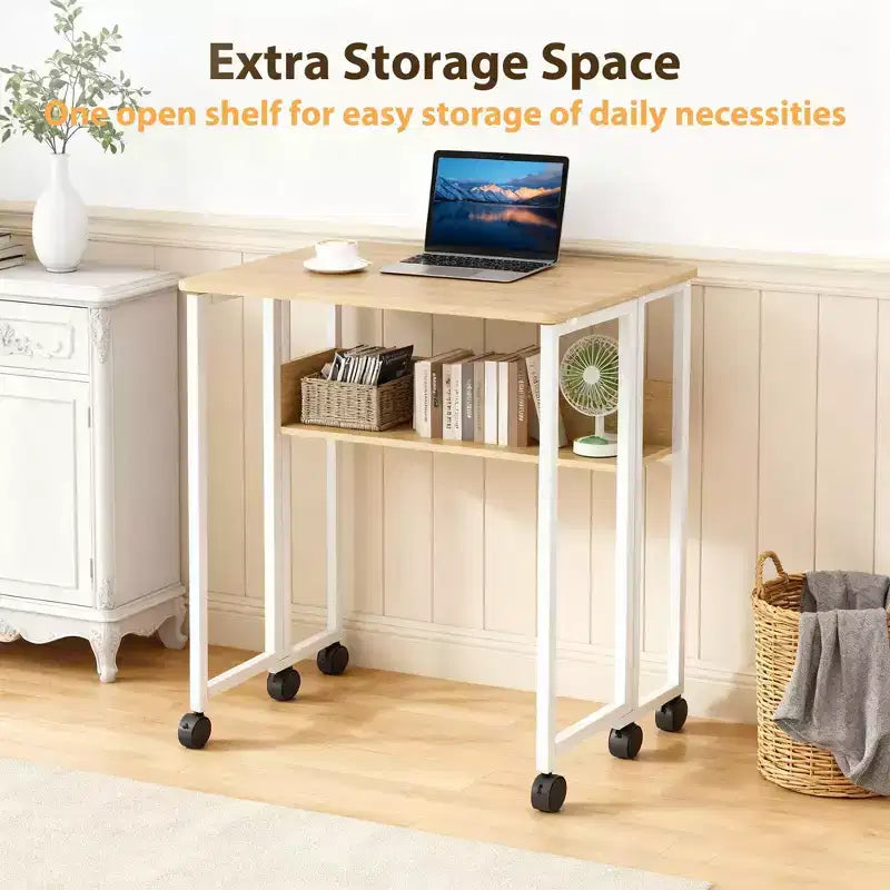 Mesa Plegable Pequeña con Ruedas y Estante de Almacenamiento, Escritorio de Computadora Plegable con Ruedas, Escritorio de Oficina Portátil para Espacios Pequeños, Mesa de Sofá