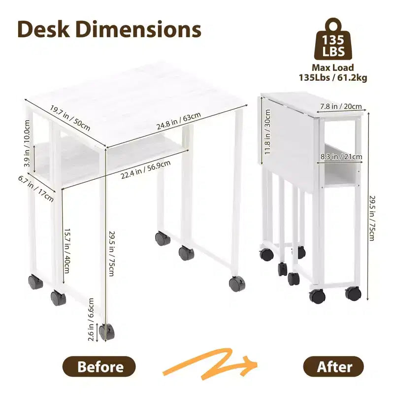 Mesa Plegable Pequeña con Ruedas y Estante de Almacenamiento, Escritorio de Computadora Plegable con Ruedas, Escritorio de Oficina Portátil para Espacios Pequeños, Mesa de Sofá