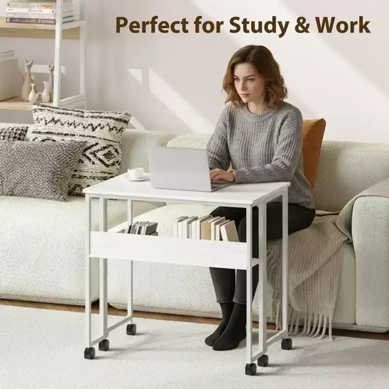 Mesa Plegable Pequeña con Ruedas y Estante de Almacenamiento, Escritorio de Computadora Plegable con Ruedas, Escritorio de Oficina Portátil para Espacios Pequeños, Mesa de Sofá