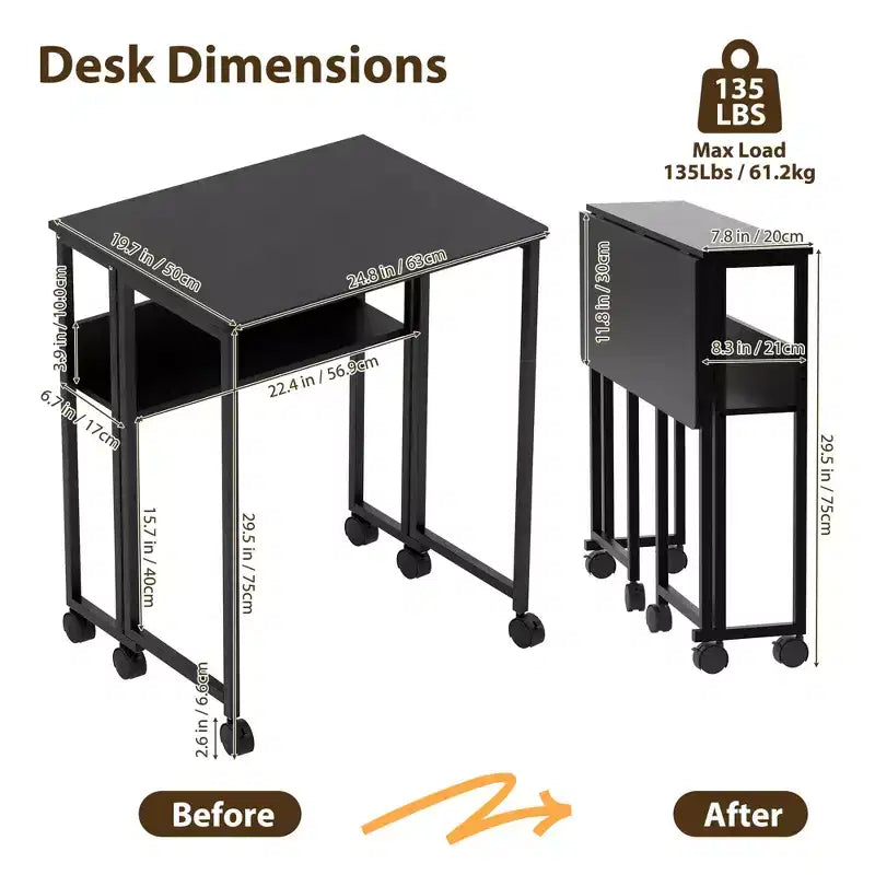 Mesa Plegable Pequeña con Ruedas y Estante de Almacenamiento, Escritorio de Computadora Plegable con Ruedas, Escritorio de Oficina Portátil para Espacios Pequeños, Mesa de Sofá
