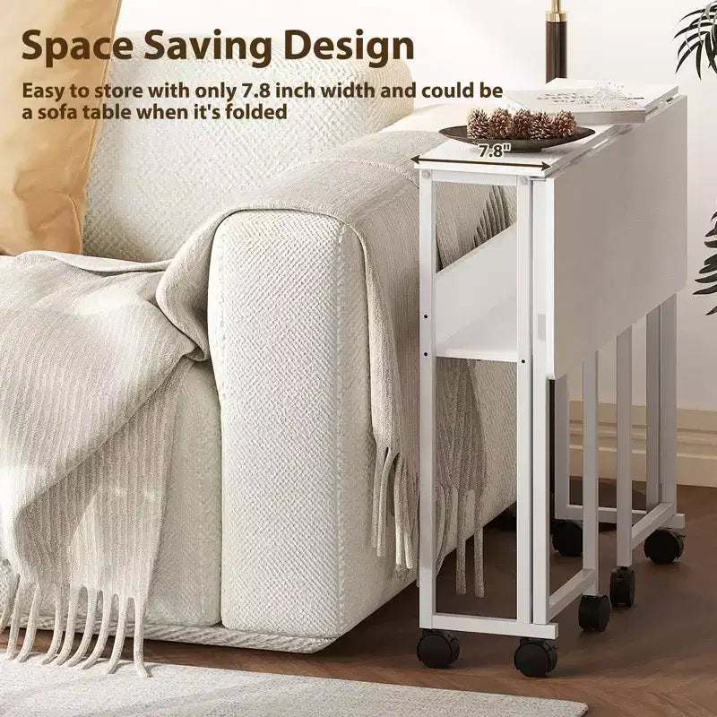 Mesa Plegable Pequeña con Ruedas y Estante de Almacenamiento, Escritorio de Computadora Plegable con Ruedas, Escritorio de Oficina Portátil para Espacios Pequeños, Mesa de Sofá