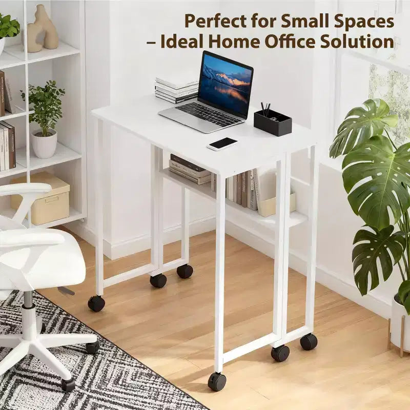 Mesa Plegable Pequeña con Ruedas y Estante de Almacenamiento, Escritorio de Computadora Plegable con Ruedas, Escritorio de Oficina Portátil para Espacios Pequeños, Mesa de Sofá