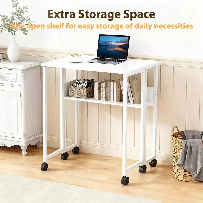 Mesa Plegable Pequeña con Ruedas y Estante de Almacenamiento, Escritorio de Computadora Plegable con Ruedas, Escritorio de Oficina Portátil para Espacios Pequeños, Mesa de Sofá