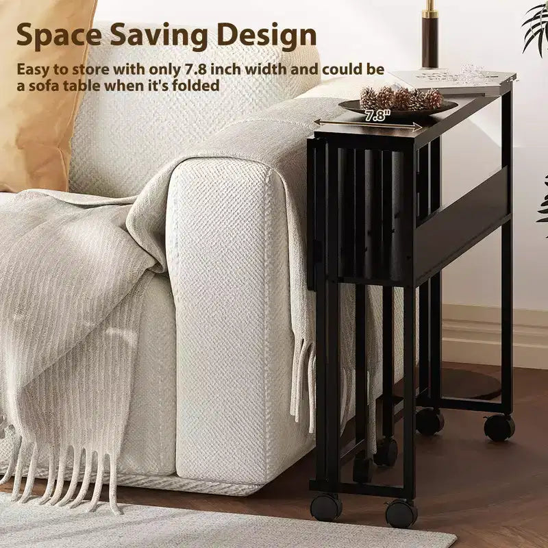 Mesa Plegable Pequeña con Ruedas y Estante de Almacenamiento, Escritorio de Computadora Plegable con Ruedas, Escritorio de Oficina Portátil para Espacios Pequeños, Mesa de Sofá