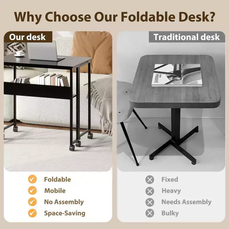 Mesa Plegable Pequeña con Ruedas y Estante de Almacenamiento, Escritorio de Computadora Plegable con Ruedas, Escritorio de Oficina Portátil para Espacios Pequeños, Mesa de Sofá