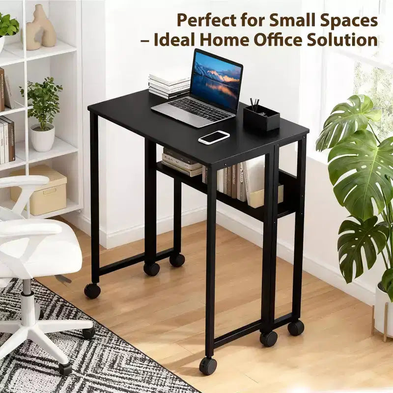 Mesa Plegable Pequeña con Ruedas y Estante de Almacenamiento, Escritorio de Computadora Plegable con Ruedas, Escritorio de Oficina Portátil para Espacios Pequeños, Mesa de Sofá
