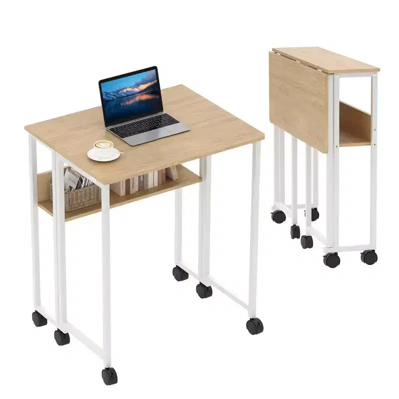 Mesa Plegable Pequeña con Ruedas y Estante de Almacenamiento, Escritorio de Computadora Plegable con Ruedas, Escritorio de Oficina Portátil para Espacios Pequeños, Mesa de Sofá
