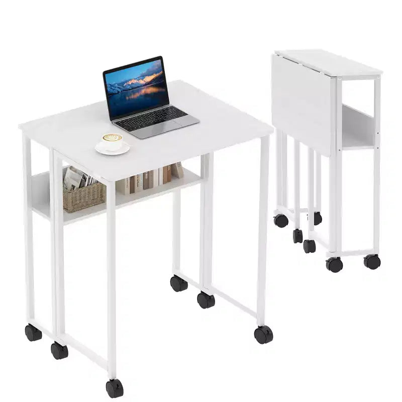 Mesa Plegable Pequeña con Ruedas y Estante de Almacenamiento, Escritorio de Computadora Plegable con Ruedas, Escritorio de Oficina Portátil para Espacios Pequeños, Mesa de Sofá