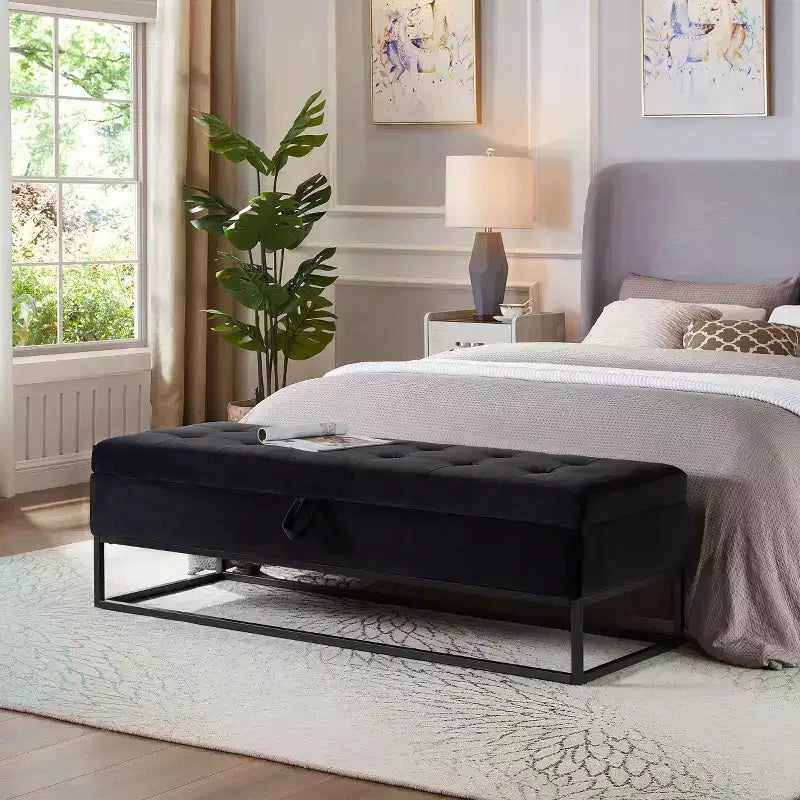 TUYOHW 58.6 Banco otomana de moda para pie de cama con almacenamiento, otomana de terciopelo de lujo, banco decorativo relleno de espuma suave con patas de hierro, capacidad de 227 kg