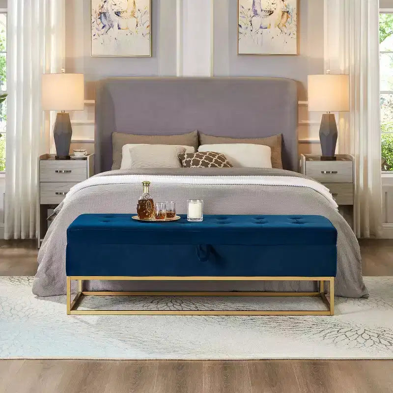 TUYOHW 58.6 Banco otomana de moda para pie de cama con almacenamiento, otomana de terciopelo de lujo, banco decorativo relleno de espuma suave con patas de hierro, capacidad de 227 kg