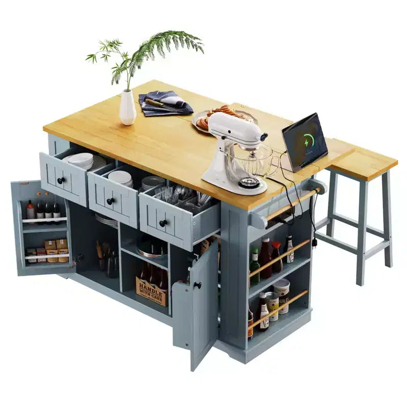 Isla de cocina grande con ruedas de 53 pulgadas con ala abatible y toma de corriente, carrito de cocina con almacenamiento en la puerta, 5 estantes laterales y 5 ruedas, gris azulado