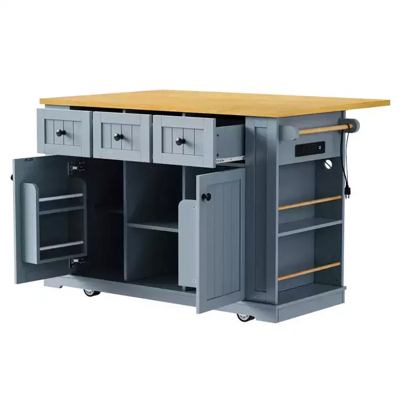 Isla de cocina grande con ruedas de 53 pulgadas con ala abatible y toma de corriente, carrito de cocina con almacenamiento en la puerta, 5 estantes laterales y 5 ruedas, gris azulado