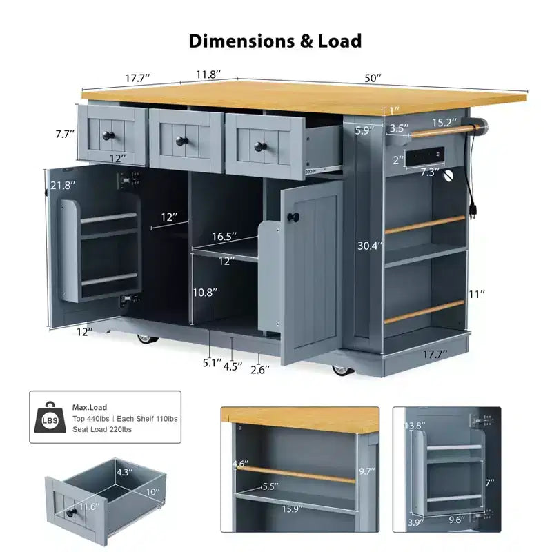 Isla de cocina grande con ruedas de 53 pulgadas con ala abatible y toma de corriente, carrito de cocina con almacenamiento en la puerta, 5 estantes laterales y 5 ruedas, gris azulado