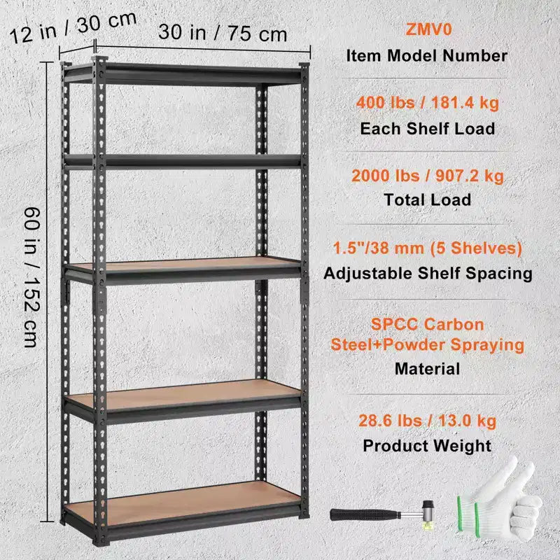 Estantería de almacenamiento de 30x12x60 pulgadas, 5 estantes ajustables con capacidad de 2000 lb, estantería metálica de alta resistencia para garaje, organizador utilitario, negra