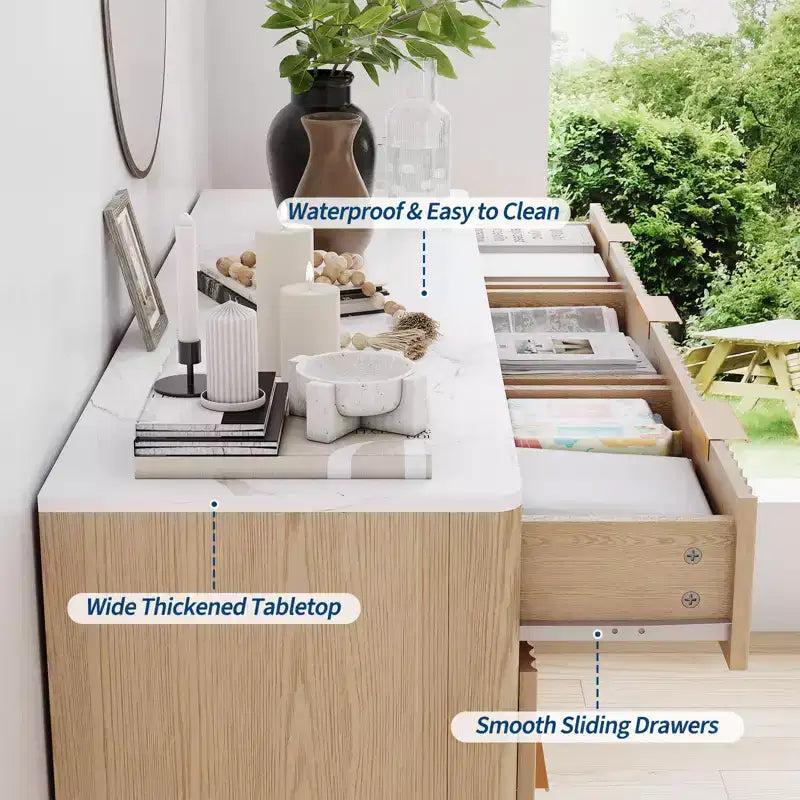 Acekool Cómoda de 9 cajones con tapa de mármol sintético, moderna cómoda estriada, organizador de almacenamiento amplio para dormitorio o sala de estar, roble natural