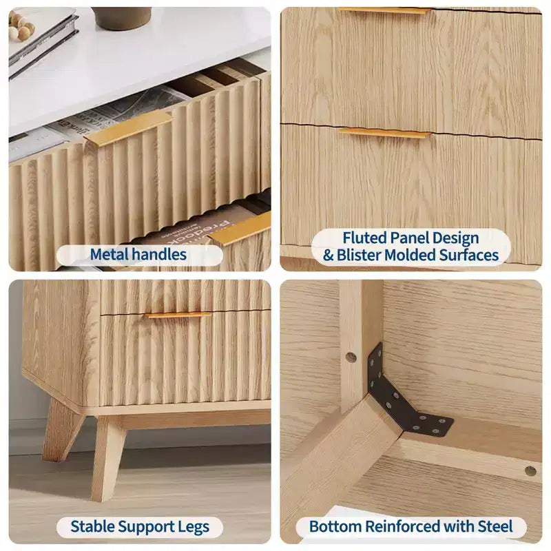 Acekool Cómoda de 9 cajones con tapa de mármol sintético, moderna cómoda estriada, organizador de almacenamiento amplio para dormitorio o sala de estar, roble natural