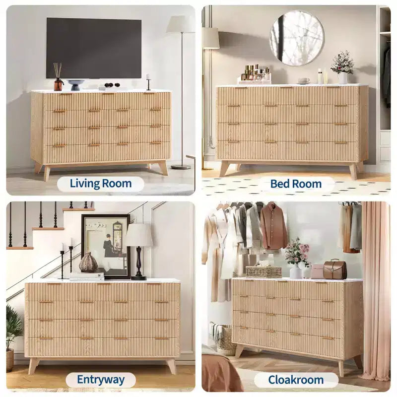 Acekool Cómoda de 9 cajones con tapa de mármol sintético, moderna cómoda estriada, organizador de almacenamiento amplio para dormitorio o sala de estar, roble natural