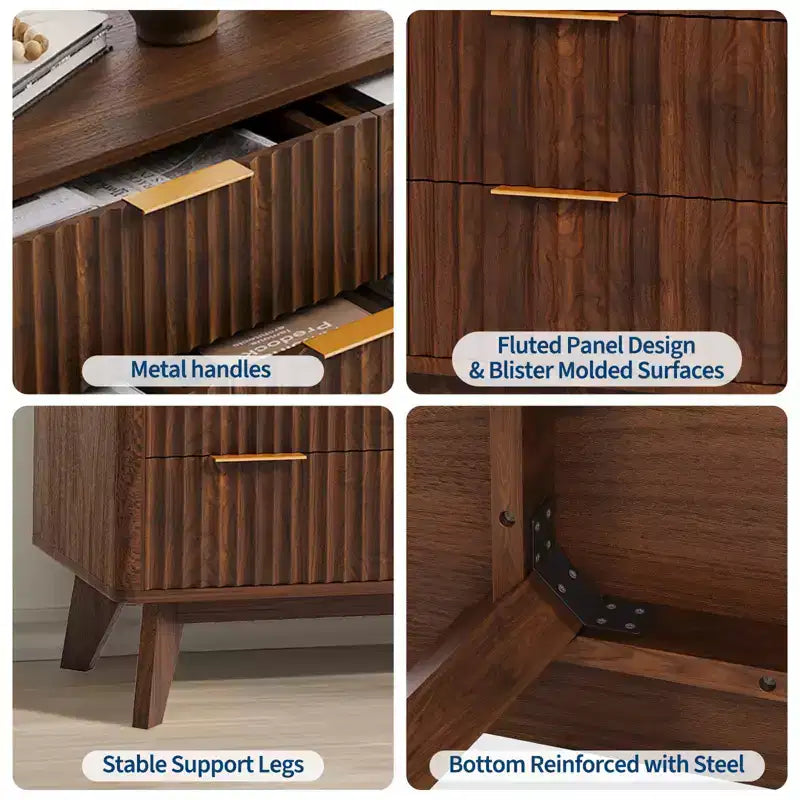 Acekool Cómoda de 9 cajones con tapa de mármol sintético, moderna cómoda estriada, organizador de almacenamiento amplio para dormitorio o sala de estar, roble natural