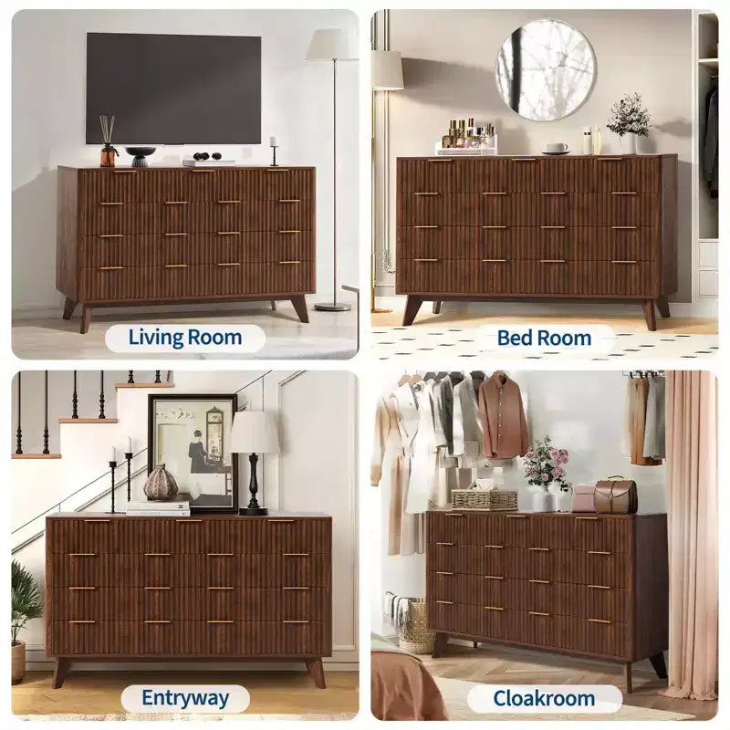 Acekool Cómoda de 9 cajones con tapa de mármol sintético, moderna cómoda estriada, organizador de almacenamiento amplio para dormitorio o sala de estar, roble natural