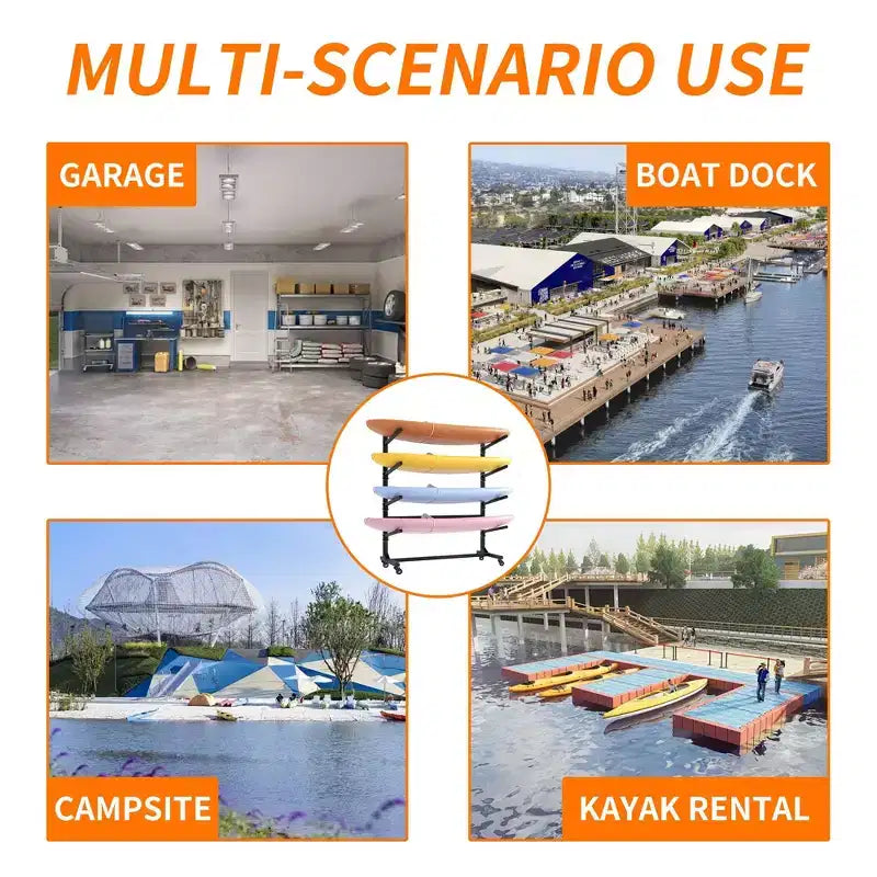VIYET 80H Estante organizador para kayak independiente, soporte ajustable de alta resistencia con ruedas bloqueables, capacidad para 4 kayaks/canoas/SUP/tablas de surf (negro)