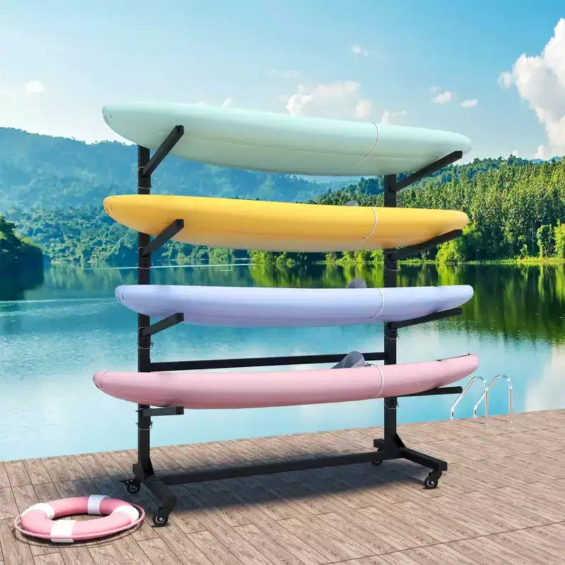 VIYET 80H Estante organizador para kayak independiente, soporte ajustable de alta resistencia con ruedas bloqueables, capacidad para 4 kayaks/canoas/SUP/tablas de surf (negro)