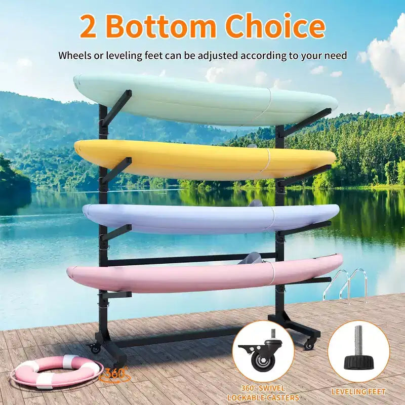VIYET 80H Estante organizador para kayak independiente, soporte ajustable de alta resistencia con ruedas bloqueables, capacidad para 4 kayaks/canoas/SUP/tablas de surf (negro)