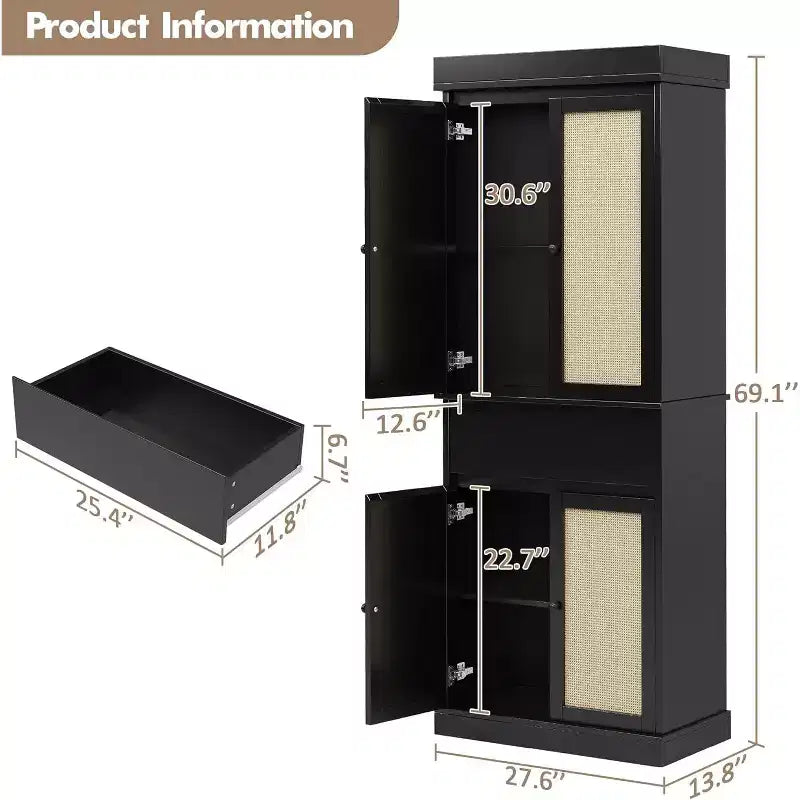 Armario de almacenamiento alto de 175 cm con puertas de ratán y estantes ajustables, aparador independiente de 4 puertas con cajón para sala de estar, oficina en casa, comedor - Negro