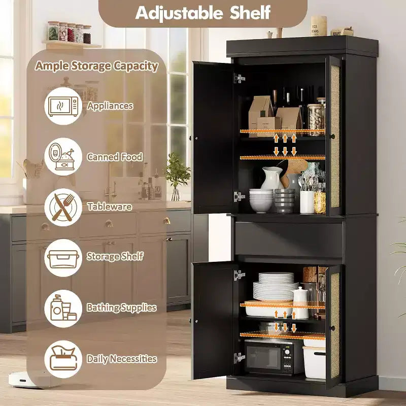 Armario de almacenamiento alto de 175 cm con puertas de ratán y estantes ajustables, aparador independiente de 4 puertas con cajón para sala de estar, oficina en casa, comedor - Negro