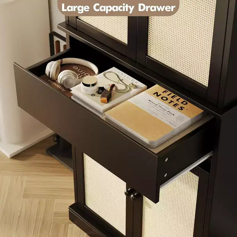 Armario de almacenamiento alto de 175 cm con puertas de ratán y estantes ajustables, aparador independiente de 4 puertas con cajón para sala de estar, oficina en casa, comedor - Negro