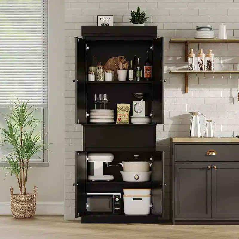 Armario de almacenamiento alto de 175 cm con puertas de ratán y estantes ajustables, aparador independiente de 4 puertas con cajón para sala de estar, oficina en casa, comedor - Negro