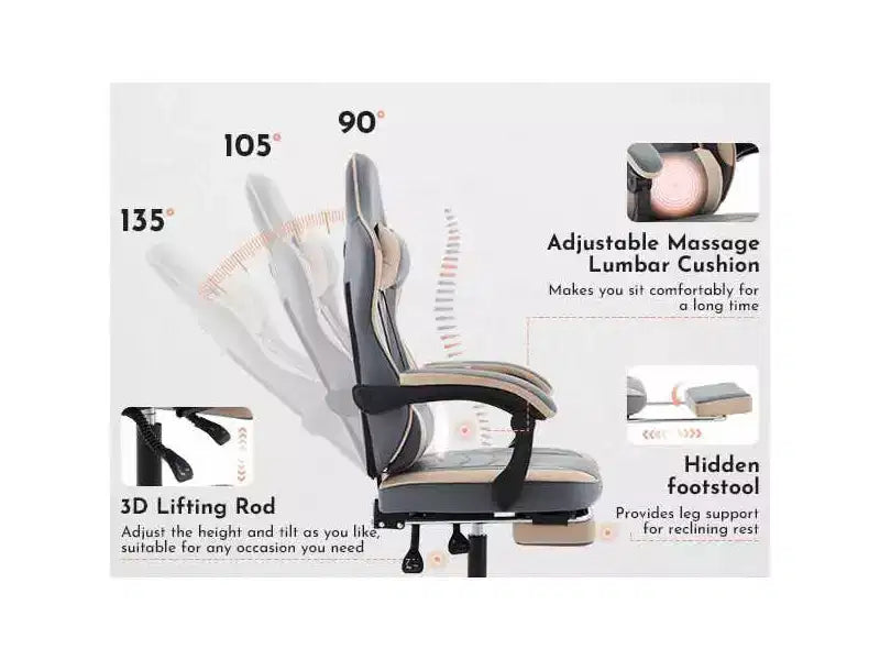 Silla Gamer MAYEERTY, Silla Ergonómica de Ordenador con Reposapiés y Soporte Lumbar de Masaje, Silla de Videojuegos Giratoria Ajustable en Altura Azul Beige