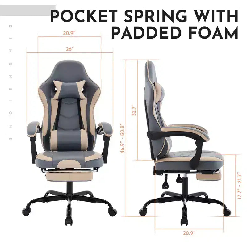 Silla Gamer MAYEERTY, Silla Ergonómica de Ordenador con Reposapiés y Soporte Lumbar de Masaje, Silla de Videojuegos Giratoria Ajustable en Altura Azul Beige