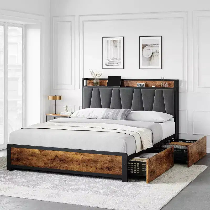 Storage Headboard with Charging Station,Platform Metal Bed Frame with 4 Storage Drawers,No Box Spring Needed, Noise Free, Easy Assembly,Vintage Brown