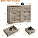 Cómoda para dormitorio con 9 cajones, cómoda vintage de 47 pulgadas de ancho con tiradores de metal y textura natural, cómoda de madera para sala de estar, pasillo