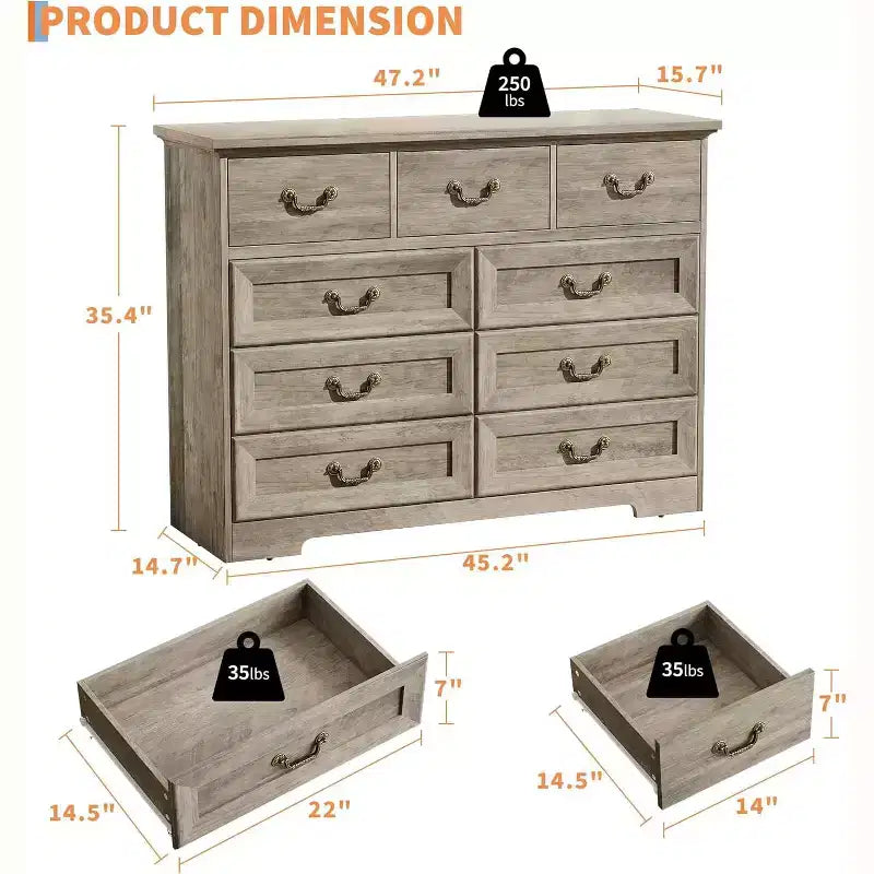 Cómoda para dormitorio con 9 cajones, cómoda vintage de 47 pulgadas de ancho con tiradores de metal y textura natural, cómoda de madera para sala de estar, pasillo