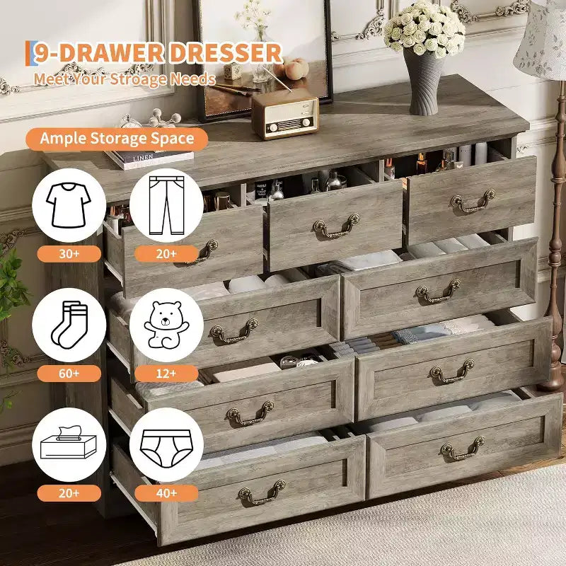 Cómoda para dormitorio con 9 cajones, cómoda vintage de 47 pulgadas de ancho con tiradores de metal y textura natural, cómoda de madera para sala de estar, pasillo