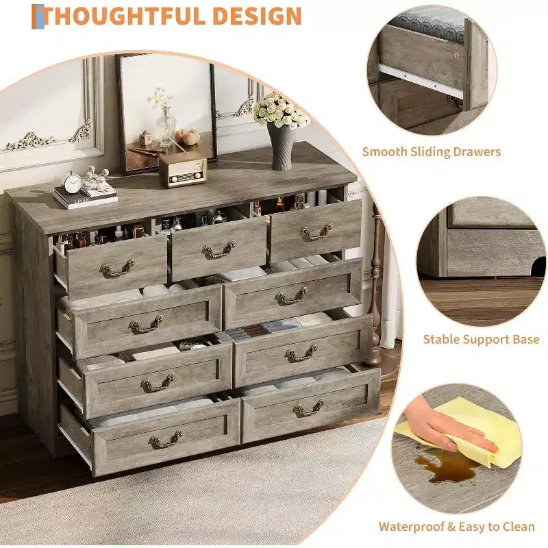 Cómoda para dormitorio con 9 cajones, cómoda vintage de 47 pulgadas de ancho con tiradores de metal y textura natural, cómoda de madera para sala de estar, pasillo