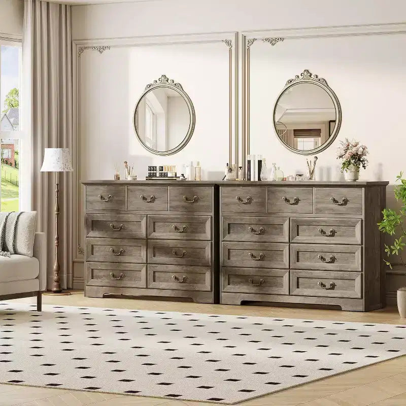 Cómoda para dormitorio con 9 cajones, cómoda vintage de 47 pulgadas de ancho con tiradores de metal y textura natural, cómoda de madera para sala de estar, pasillo