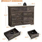 Cómoda para dormitorio con 9 cajones, cómoda vintage de 47 pulgadas de ancho con tiradores de metal y textura natural, cómoda de madera para sala de estar, pasillo
