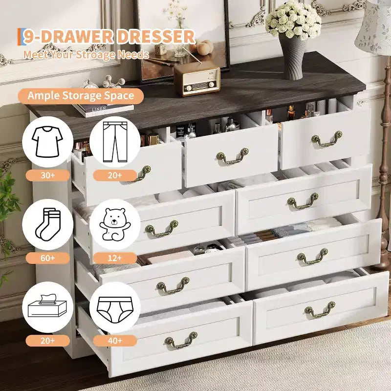 Cómoda para dormitorio con 9 cajones, cómoda vintage de 47 pulgadas de ancho con tiradores de metal y textura natural, cómoda de madera para sala de estar, pasillo