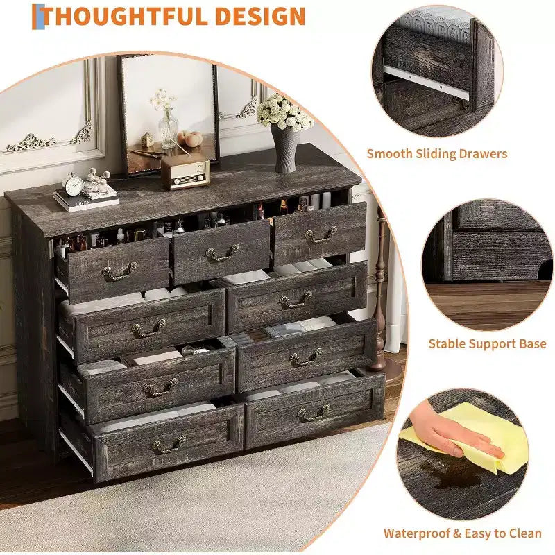 Cómoda para dormitorio con 9 cajones, cómoda vintage de 47 pulgadas de ancho con tiradores de metal y textura natural, cómoda de madera para sala de estar, pasillo