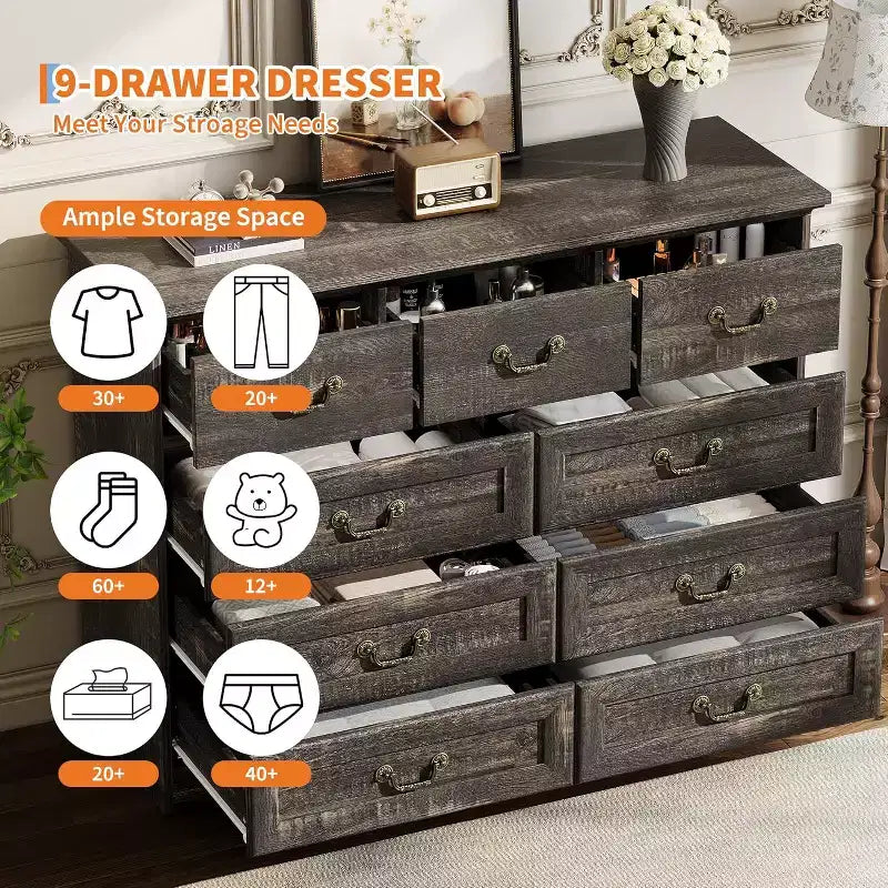 Cómoda para dormitorio con 9 cajones, cómoda vintage de 47 pulgadas de ancho con tiradores de metal y textura natural, cómoda de madera para sala de estar, pasillo