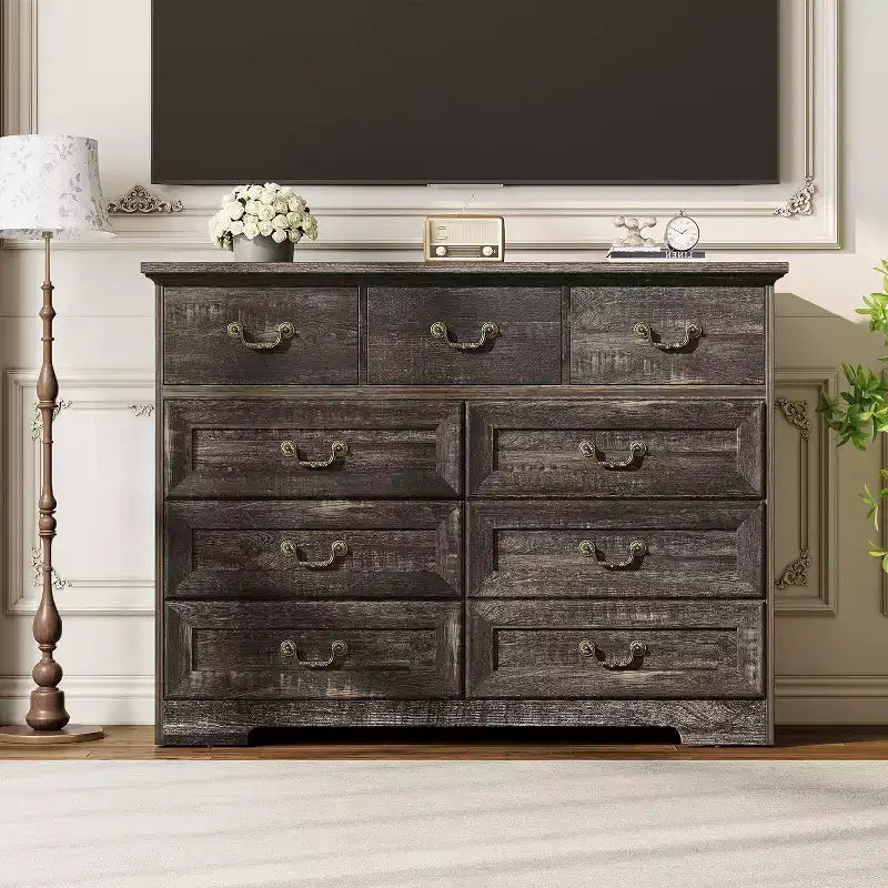 Cómoda para dormitorio con 9 cajones, cómoda vintage de 47 pulgadas de ancho con tiradores de metal y textura natural, cómoda de madera para sala de estar, pasillo