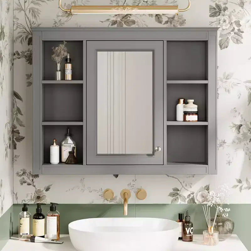 CASAINC 35 x 27.5 Espejo para baño con 6 estantes abiertos, gabinete de medicinas montado en la pared (sin tocador)