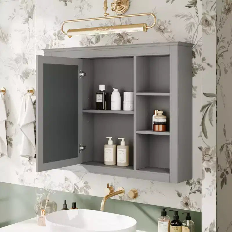 CASAINC 35 x 27.5 Espejo para baño con 6 estantes abiertos, gabinete de medicinas montado en la pared (sin tocador)