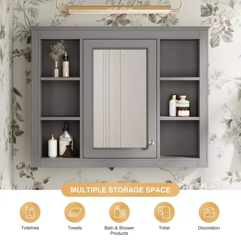 CASAINC 35 x 27.5 Espejo para baño con 6 estantes abiertos, gabinete de medicinas montado en la pared (sin tocador)