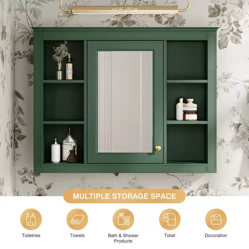 CASAINC 35 x 27.5 Espejo para baño con 6 estantes abiertos, gabinete de medicinas montado en la pared (sin tocador)