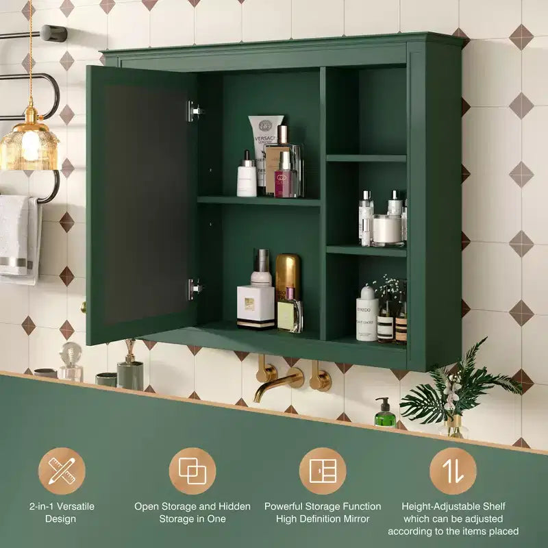 CASAINC 35 x 27.5 Espejo para baño con 6 estantes abiertos, gabinete de medicinas montado en la pared (sin tocador)