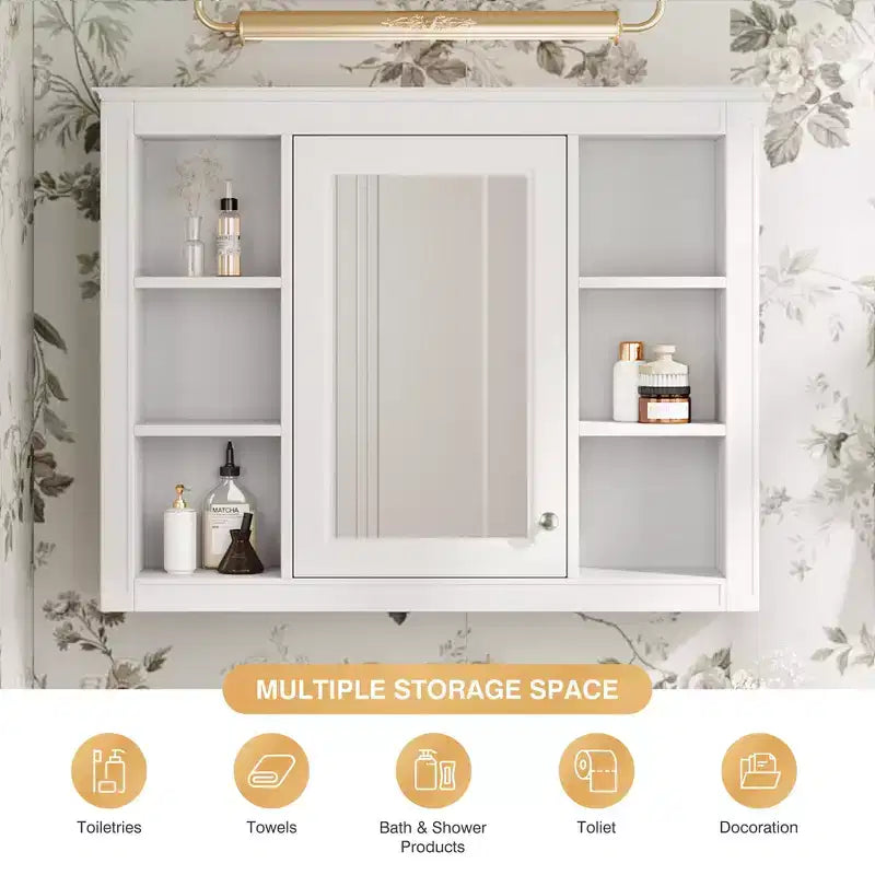 CASAINC 35 x 27.5 Espejo para baño con 6 estantes abiertos, gabinete de medicinas montado en la pared (sin tocador)